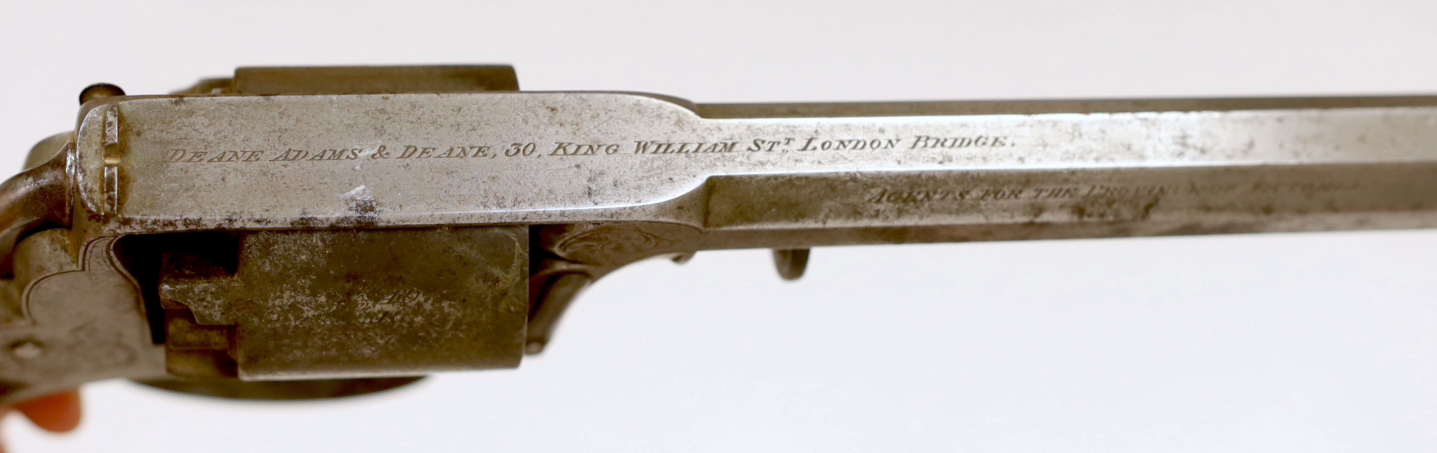 A five shot 38 bore model 1851 self-cocking percussion Dragoon revolver, engraved Deane Adams & Deane, 30 King William Street, London Bridge